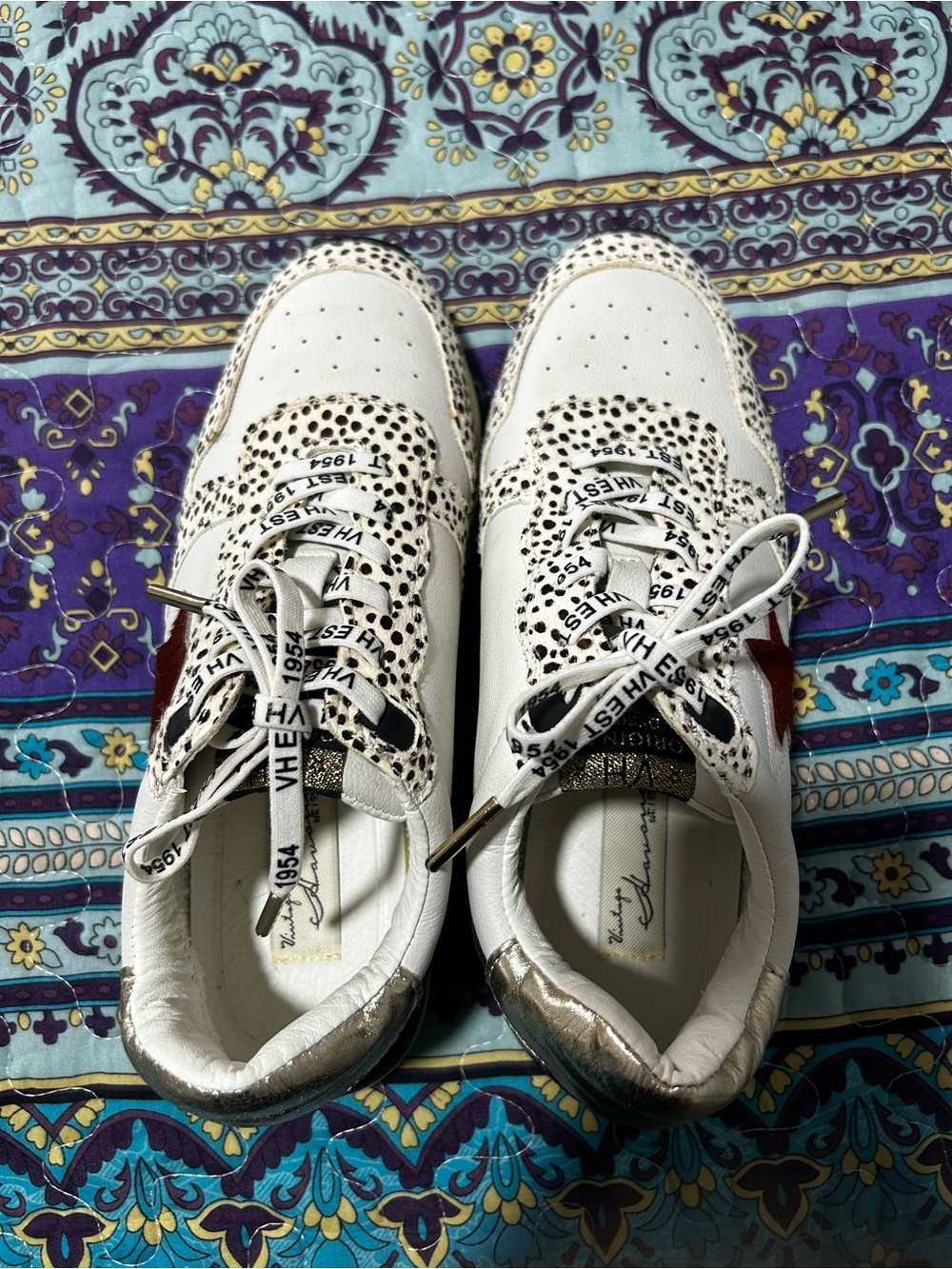Vintage Havana off White Leather Sneakers with Leopard Accents and gold Heel